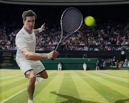 A tennis player striking a ball